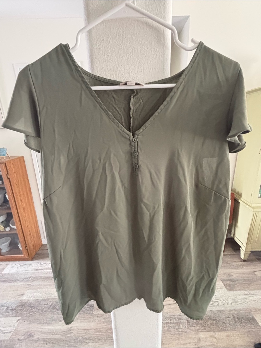 LOFT Olive Green V-Neck Short Sleeve Button Top